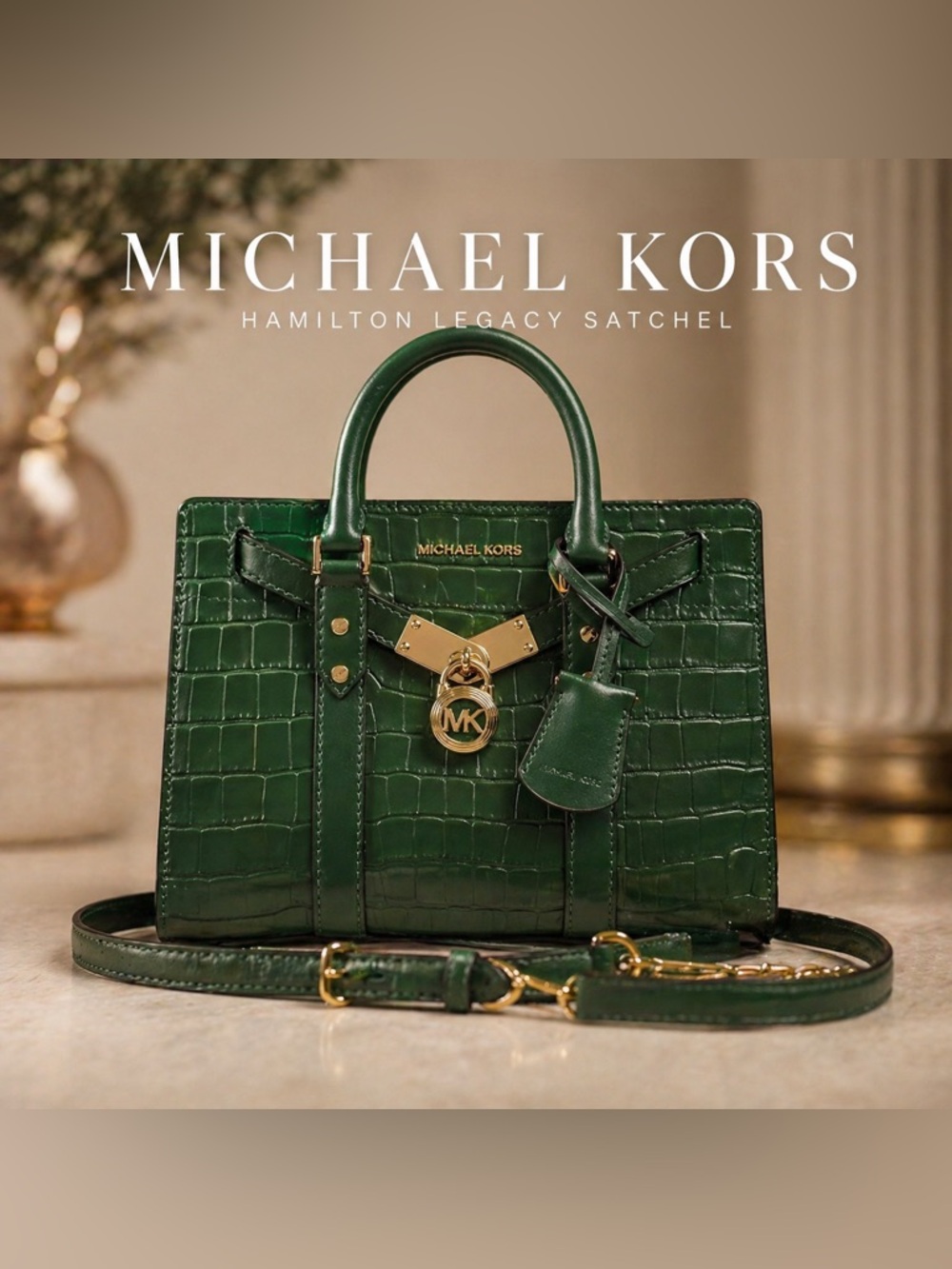 Michael Kors Green Croc-Embossed Satchel with Gold Hardware